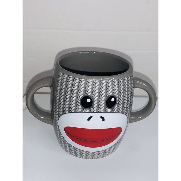 Mug Sock Monkey Galerie Double Handle Gray Ceramic Coffee Tea Cocoa Cup 16Oz EUC - Picture 6 of 6